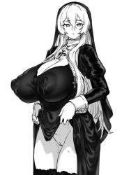 Rule 34 | 1girl, breasts, cleft of venus, closed mouth, clothes lift, covered erect nipples, cross-shaped pupils, dress, dress lift, gigantic breasts, greyscale, hair between eyes, highres, houtengeki, huge nipples, long sleeves, looking at viewer, monochrome, nun, original, pussy, pussy juice, simple background, symbol-shaped pupils, thighhighs, thighs, white background