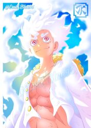 Rule 34 | 1boy, abs, bare pectorals, buttons, cloud, commentary, cowboy shot, eastblue 95, english commentary, from below, hagoromo, hair up, hat, highres, long sleeves, looking ahead, male focus, monkey d. luffy, one piece, open clothes, open shirt, pectorals, pink eyes, scar, scar on chest, scar on face, shawl, shirt, sky, smile, solo, straw hat, thick eyebrows, twitter username, upper body, white hair, white shirt