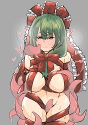 Rule 34 | 1girl, absurdres, bdsm, blush, bondage, bound, bow, breasts, frilled ribbon, frills, front ponytail, grey background, hair bow, hair ribbon, highres, kagiyama hina, large breasts, nude, red bow, red ribbon, restrained, ribbon, solo, sweat, tears, thighs, touhou, tsukudayosiharu