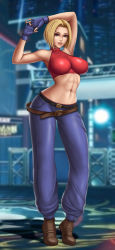 Rule 34 | 1girl, abs, armpits, arms up, ass, baggy pants, bare shoulders, belt, belt skirt, blonde hair, blue eyes, blue gloves, blue mary, bob cut, breasts, brown footwear, contrapposto, covered erect nipples, crop top, denim, fatal fury, fingerless gloves, flowerxl, forehead, full body, gloves, grin, hair intakes, highres, impossible clothes, impossible shirt, large breasts, lips, looking at viewer, lowleg, lowleg pants, midriff, muscular, muscular female, navel, nose, own hands together, pants, parted hair, pervert, red shirt, shirt, short hair, sleeveless, sleeveless shirt, smile, solo, standing, the king of fighters, turtleneck