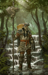 Rule 34 | 1boy, arm at side, armor, aztec, boots, closed mouth, cromwaits, fern, forest, full body, greaves, hand up, highres, holding, holding polearm, holding weapon, nature, nose piercing, nose ring, original, outdoors, piercing, plate armor, polearm, shallow water, solo, spear, standing, sunlight, tree, water, waterfall, weapon