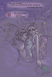 Rule 34 | 1boy, 1girl, bed, book, corrin (female) (fire emblem), corrin (fire emblem), couple, english text, fire emblem, fire emblem fates, highres, nintendo, pillow, pointy ears, red eyes, revolting rat, under covers, xander (fire emblem)