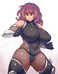 Rule 34 | 1girl, artist name, bare shoulders, belly, black gloves, black pantyhose, boots, breasts, cosplay, covered erect nipples, covered navel, cross, gloves, huge breasts, la pucelle, long hair, mole, mole under eye, pantyhose, plump, pout, prier, puffy nipples, red hair, signature, simple background, solo, sweat, taimanin (series), taimanin asagi, taimanin suit, thick thighs, thigh boots, thighhighs, thighs, white background, zako (arvinry)