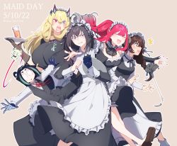 Rule 34 | 2boys, 3girls, absurdres, apron, black hair, blonde hair, braid, breasts, brown hair, butler, crossdressing, dated, duster, barghest (fate), baobhan sith (fate), fang, fate/grand order, fate (series), grey hair, heterochromia, highres, house tag denim, huge breasts, con (fate), long hair, maid apron, maid day, maid headdress, mary anning (fate), medium breasts, multiple boys, multiple girls, nail polish, oberon (fate), pink hair, pointy ears, red nails, taisui xingjun (fate), tray