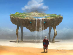 Rule 34 | ambiguous gender, blue sky, cloud, commentary, creature, desert, fantasy, k-takano, oasis, original, scenery, signature, sky, standing, water, waterfall, white hair