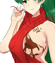 Rule 34 | 1girl, alternate costume, bare arms, bare shoulders, blush, breasts, chocolate, chocolate on body, chocolate on breasts, closed mouth, covered erect nipples, english text, fire emblem, fire emblem: the blazing blade, food on body, green eyes, green hair, hand up, highres, large breasts, long hair, looking at viewer, lyn (fire emblem), meme attire, nervous smile, nintendo, one breast out, ormille, red sweater, ribbed sweater, sleeveless, sleeveless turtleneck, smile, solo, sweater, turtleneck, turtleneck sweater, upper body, virgin killer sweater, wavy mouth