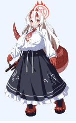 Rule 34 | 1girl, blush, breasts, claws, cleavage, closed mouth, dragon girl, full body, grey background, hair between eyes, halo, highres, horns, huge breasts, kagarimachi konatsu, long hair, long skirt, long sleeves, looking at viewer, original, red eyes, simple background, skirt, sleeves past wrists, solo, standing, tail, tareme, white hair, wing collar