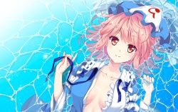 Rule 34 | 1girl, blush, breasts, center opening, closed mouth, collarbone, dress, frilled dress, frills, hat, long sleeves, lying, lying on water, medium breasts, merxkialis, mob cap, ocean, on back, open clothes, open dress, partially submerged, pink hair, red eyes, saigyouji yuyuko, smile, solo, touhou, triangular headpiece, wide sleeves
