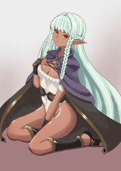 Rule 34 | 1girl, absurdres, aqua hair, black cape, braid, breasts, bug, butterfly, cape, cleavage, cloak, commentary request, covered navel, dangouo ty, dark-skinned female, dark elf, dark skin, elf, eyelashes, frilled leotard, frills, full body, gold trim, gradient background, grey background, highres, insect, leotard, long hair, medium breasts, pink leotard, pointy ears, purple cloak, red eyes, rosalinde (unicorn overlord), sandals, simple background, sitting, solo, twin braids, unicorn overlord, very long hair