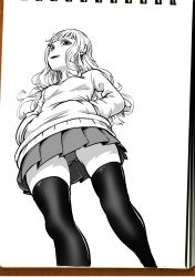 Rule 34 | 1girl, absurdres, commentary, curly hair, from below, gluteal fold, hands in pockets, highres, long hair, monochrome, nakahara kaihei, nakahara keihei, panties, sketchbook, skirt, solo, sweater, thighhighs, thighs, traditional media, underwear, white background