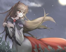 Rule 34 | 1girl, animal ears, bare shoulders, blush, breasts, brown hair, collarbone, dress, fangs, full moon, imaizumi kagerou, jewelry, karuga (magusfly24), large breasts, long hair, long sleeves, looking away, moon, night, open mouth, red eyes, sky, solo, star (sky), star (symbol), starry sky, touhou, wolf ears