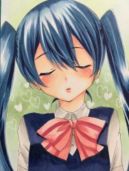 Rule 34 | 1girl, absurdres, blue hair, blue sweater, blush, breasts, closed eyes, collared shirt, commentary, facing viewer, green background, heart, highres, incoming kiss, kae (bluebluebluebelly), kin-iro mosaic, komichi aya, long hair, nose, puckered lips, school uniform, shirt, short sleeves, small breasts, solo, sweater, sweater vest, twintails, white shirt, wing collar