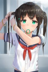 Rule 34 | 1girl, adjusting hair, black hair, blouse, blurry, commentary request, depth of field, green eyes, highres, long hair, looking at viewer, midriff peek, mouth hold, original, racchi., school uniform, serafuku, shirt, solo, twintails, white shirt