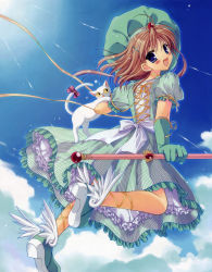 Rule 34 | 1girl, :d, absurdres, animal, ankle lace-up, blue eyes, blush, brown hair, cat, cloud, cross-laced clothes, cross-laced footwear, day, dress, female focus, flying, frilled dress, frilled sleeves, frills, from behind, from side, gem, gloves, hair ornament, hairclip, hat, highres, lingerie, looking at viewer, open mouth, orange hair, outdoors, petticoat, puffy short sleeves, puffy sleeves, scan, shoes, short sleeves, sky, smile, solo, staff, striped clothes, striped dress, tanihara natsuki, underwear, vertical-striped clothes, vertical-striped dress, white cat, winged footwear, wings
