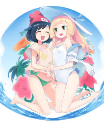 Rule 34 | 2girls, :d, ^ ^, adapted costume, bare arms, bare legs, barefoot, beanie, bikini, bikini under clothes, black hair, blonde hair, blue ribbon, blue sky, blunt bangs, blush, braid, breast press, breasts, closed eyes, creatures (company), day, eyelashes, fingernails, floral background, floral print, flower, frills, front-tie top, full body, game freak, green bikini, green eyes, hat, hat ribbon, hibiscus, highres, holding hands, homura subaru, interlocked fingers, jacket, kneeling, lillie (pokemon), long hair, looking at another, looking at viewer, multiple girls, nintendo, ocean, off shoulder, one-piece swimsuit, open mouth, palm tree, pokemon, pokemon sm, red flower, red hat, ribbon, selene (pokemon), shirt, short hair, short sleeves, side-tie bikini bottom, sky, small breasts, smile, stomach, summer, sun hat, swept bangs, swimsuit, swimsuit under clothes, symmetrical docking, tied shirt, tree, twin braids, up sleeve, white hat, white jacket, white one-piece swimsuit, yellow flower, yuri