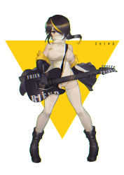 Rule 34 | 10s, 1girl, artist name, bare shoulders, black eyes, black footwear, black gloves, black hair, boots, breasts, cameltoe, chromatic aberration, collarbone, covered mouth, electric guitar, emperor penguin (kemono friends), full body, gloves, guitar, hair over one eye, headphones, highleg, highleg leotard, highres, holding, holding instrument, instrument, jacket, unworn jacket, kemono friends, large breasts, leotard, messy hair, multicolored clothes, multicolored gloves, multicolored hair, pale skin, pigeon-toed, shenq, short hair, sleeveless, solo, standing, streaked hair, thighhighs, triangle, turtleneck, white background, white leotard, white thighhighs