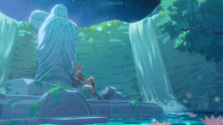 Rule 34 | 1boy, absurdres, blue tunic, highres, hylian shield, light brown hair, lily pad, link, nature, night, night sky, nintendo, hugging object, scenery, shield, short ponytail, sky, sleeping, solo, statue, sword, the legend of zelda, the legend of zelda: breath of the wild, water, waterfall, weapon, wide shot, x.x.d.x.c