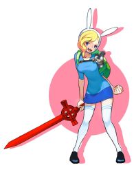 Rule 34 | 1girl, adventure time, animal hood, armor, blonde hair, blue eyes, blue shirt, blue skirt, breasts, facing viewer, female focus, fionna the human girl, full body, hood, hyang seol, looking at viewer, medium breasts, miniskirt, pauldrons, rabbit hood, shirt, shoulder armor, simple background, skirt, solo, standing, sword, t-shirt, thighhighs, weapon, white background, white thighhighs, zettai ryouiki