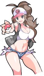 Rule 34 | 1girl, :d, antenna hair, baseball cap, black vest, blue shorts, breasts, brown hair, cleavage, creatures (company), cutoffs, enpe, eyebrows visible through hat, game freak, grey eyes, hat, highres, hilda (pokemon), holding, holding poke ball, large breasts, long hair, micro shorts, navel, nintendo, open clothes, open mouth, open vest, poke ball, poke ball (basic), pokemon, pokemon bw, ponytail, shirt, shorts, simple background, smile, solo, tank top, teeth, v-shaped eyebrows, vest, white background, white shirt, wristband