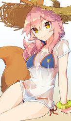 Rule 34 | 1girl, :3, agsen, animal ears, arm support, bikini, bikini under clothes, blue bikini, bracelet, breasts, cleavage, commentary request, ears through headwear, fate/grand order, fate (series), fox ears, fox tail, hat, jewelry, long hair, looking at viewer, low ponytail, pink hair, ponytail, scrunchie, see-through, shirt, short sleeves, side-tie bikini bottom, sidelocks, simple background, sitting, solo, straw hat, swimsuit, swimsuit under clothes, t-shirt, tail, tamamo (fate), tamamo no mae (fate/extra), tamamo no mae (swimsuit lancer) (fate), tamamo no mae (swimsuit lancer) (second ascension) (fate), thigh gap, underboob, white shirt, yellow eyes