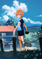 Rule 34 | 1girl, ahoge, black shorts, blue eyes, blue shirt, building, closed mouth, cloud, commentary request, cumulonimbus cloud, day, fence, grass, highres, inami hatoko, long hair, looking at viewer, orange hair, original, outdoors, paddle, shirt, short hair, shorts, sky, solo, standing, table tennis paddle, textless version