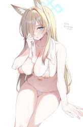 Rule 34 | 1girl, animal ears, bikini, blonde hair, blue archive, blue eyes, breasts, commentary request, hair over one eye, highres, kanna (blue archive), large breasts, long hair, looking at viewer, navel, nipples, see-through, simple background, solo, swimsuit, thighs, towel, towel around neck, translation request, white background, white bikini, yatanukikey