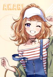Rule 34 | 1girl, absurdres, blonde hair, blue eyes, blush, breasts, character name, closed mouth, fingernails, hand up, hat, highres, jacket, lips, long hair, looking at viewer, morikura en, off shoulder, one eye closed, open clothes, open jacket, original, overall shorts, overalls, parted lips, scan, simple background, small breasts, smile, solo, striped, upper body, visor cap, white hat, zipper, zipper pull tab