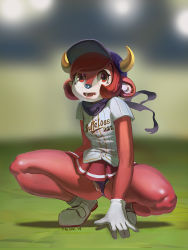 Rule 34 | 1girl, animal ears, baseball cap, baseball jersey, breasts, buffalo bell, clothes writing, clothing aside, colored skin, cow ears, fang, furry, furry female, gloves, hat, horns, jersey, mascot, nippon professional baseball, orix buffaloes, panties, panties aside, parted lips, pink hair, pink skin, pleated skirt, purple panties, pussy, pussy peek, red eyes, shoes, short hair, skirt, small breasts, sneakers, solo, squatting, triuni, uncensored, underwear, upskirt, white gloves