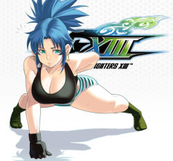 Rule 34 | 1girl, bad id, bad pixiv id, blue eyes, blue hair, blush, breasts, breath, cleavage, earrings, exercising, gloves, hanging breasts, jewelry, king of fighters xiii, large breasts, legs, leona heidern, lips, long hair, long legs, maou alba, matching hair/eyes, panties, ponytail, push-ups, snk, socks, solo, spread legs, steam, striped clothes, striped panties, sweat, tank top, the king of fighters, the king of fighters xiii, thighs, underwear