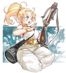 Rule 34 | 1girl, blonde hair, blue eyes, bow (weapon), chrono trigger, crossbow, dress, holding, holding crossbow, holding weapon, jewelry, marle (chrono trigger), medium hair, open mouth, pendant, ponytail, quiver, sachito, solo, weapon, white dress