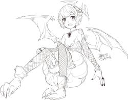Rule 34 | 1girl, bat wings, blush, dated, ejami, fishnets, full body, hair ornament, halloween, highres, jewelry, looking at viewer, monochrome, nail polish, open mouth, ring, short hair, signature, simple background, skirt, smile, solo, thighhighs, white background, wings
