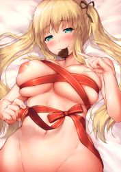 Rule 34 | 1girl, ashikase00, bad id, bad pixiv id, black ribbon, blonde hair, blue eyes, blush, bow, breasts, candy, chocolate, chocolate heart, food, gift, groin, hair ribbon, heart, highres, large breasts, long hair, looking at viewer, lying, naked ribbon, navel, nipples, on back, original, out-of-frame censoring, pointing, red ribbon, ribbon, skindentation, smile, solo, twintails, valentine