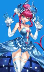 Rule 34 | 1girl, absurdres, bare shoulders, blue eyes, blue leotard, breasts, casul, claws, commentary, curled horns, detached sleeves, dragon girl, dragon horns, dragon tail, elizabeth bathory (cinderella rider) (fate), elizabeth bathory (fate), fangs, fate/grand order, fate (series), gloves, highres, horns, leotard, open mouth, pink hair, pointy ears, showgirl skirt, small breasts, smile, solo, tail, tiara, white gloves, white legwear