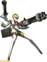 Rule 34 | 1girl, aegis (persona), arc system works, atlus, blonde hair, blue eyes, crossover, fighting stance, gatling gun, gun, huge weapon, joints, lowres, missile, official art, parody, persona, persona 3, persona 4, persona 4: the ultimate in mayonaka arena, robot, robot joints, solo, watermark, weapon