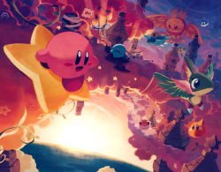 Rule 34 | bandages, building, character request, cloud, creature, doomer (kirby), driving, flappy (kirby), grand doomer, greater doomer, happy, highres, kirby, kirby&#039;s return to dream land, kirby (series), kirby air ride, monster, nintendo, open mouth, outdoors, plant, riding, scarfy, sign, sky, smile, sodory, star (symbol), sunset, suyasuyabi, ufo (kirby), vines