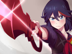 Rule 34 | 1girl, black hair, blue eyes, blush, closed mouth, collarbone, heart, heart-shaped pupils, highres, holding, holding sword, holding weapon, kill la kill, kukie-nyan, looking at viewer, matoi ryuuko, multicolored hair, red hair, school uniform, scissor blade (kill la kill), serafuku, short hair, solo, sword, symbol-shaped pupils, v-shaped eyebrows, weapon