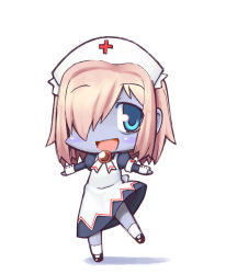 Rule 34 | 1girl, aqua eyes, armband, ashurin, bad id, bad pixiv id, blue eyes, blue skin, blush, chibi, colored skin, custom zombie-chan, dress, female focus, full body, hair over one eye, hat, jingai modoki, mary janes, monster girl, nurse, nurse cap, open mouth, outstretched arms, pink hair, shoes, short hair, simple background, smile, socks, solo, spread arms, standing, standing on one leg, white background, zombie