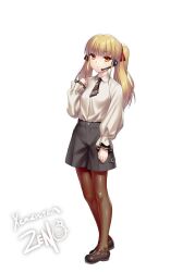 Rule 34 | 1girl, alternate costume, angel beats!, black footwear, black necktie, black skirt, blonde hair, blunt bangs, brown pantyhose, closed mouth, commentary, commission, earpiece, english commentary, expressionless, full body, hair ribbon, hand up, long hair, long sleeves, looking at viewer, mary janes, miniskirt, necktie, orange eyes, pantyhose, red ribbon, ribbon, shirt, shoes, short necktie, signature, simple background, skeb commission, skirt, solo, standing, straight hair, twintails, white background, white shirt, yusa (angel beats!), zen (kamuro)