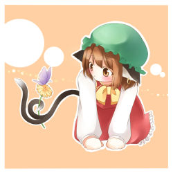 Rule 34 | 1girl, animal ears, bad id, bad pixiv id, brown hair, bug, butterfly, cat ears, cat girl, cat tail, chen, earrings, female focus, flower, green hat, hat, insect, jewelry, mito tsubaki, multiple tails, outline, prehensile tail, short hair, solo, tail, touhou, white outline