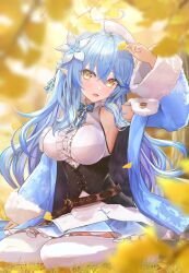 Rule 34 | 1girl, :d, ahoge, arm at side, arm up, autumn, autumn leaves, bare shoulders, belt, black corset, blue bow, blue bowtie, blue coat, blue hair, blue skirt, blurry, blush, bow, bowtie, braid, breasts, brown belt, center frills, coat, commentary request, corset, crossed bangs, depth of field, eyelashes, flower, french braid, frilled shirt, frills, ginkgo tree, hair between eyes, hair flower, hair ornament, hair over shoulder, happy, head tilt, heart, heart ahoge, highres, holding, holding leaf, hololive, large breasts, leaf, long hair, long sleeves, looking at viewer, miniskirt, multicolored hair, on grass, open clothes, open coat, open mouth, outdoors, plaid, plaid bow, pointy ears, print coat, shirt, sidelocks, sitting, skirt, sleeveless, sleeveless shirt, smile, snowflake print, solo, souyoru, streaked hair, thighhighs, tsurime, very long hair, virtual youtuber, wariza, white flower, white headwear, white shirt, white thighhighs, wide sleeves, yellow eyes, yukihana lamy