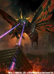 Rule 34 | battra, bug, building, butterfly, city, cross promotion, crossover, destruction, electricity, energy, energy beam, explosion, eye beam, fire, glowing, glowing eyes, godzilla (series), hayama kohei, highres, insect, kaijuu, laser, magic: the gathering, moth, nekoemonn, night, official art, plasma, prism beam, stinger, tail, toho, wings, wizards of the coast