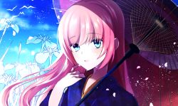 Rule 34 | 1girl, blue eyes, blush, crying, crying with eyes open, flower, japanese clothes, kimono, long hair, looking at viewer, megurine luka, mofuruo, oil-paper umbrella, open mouth, pink hair, smile, solo, tears, umbrella, vocaloid, yukata