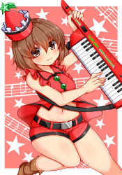 Rule 34 | 1girl, belt, boots, brown eyes, brown footwear, brown hair, buttons, clip studio paint (medium), closed mouth, daichi (tokoya), frills, hat, highres, holding, holding instrument, instrument, keytar, lyrica prismriver, midriff, navel, partially unbuttoned, red hat, red vest, short hair, shorts, smile, stomach, touhou, unbuttoned, unbuttoned vest, vest