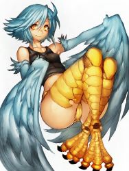 Rule 34 | 10s, 1girl, ahoge, blue hair, blue wings, breasts, covered erect nipples, feathered wings, full body, fumio (rsqkr), harpy, monster girl, monster musume no iru nichijou, papi (monster musume), scales, short hair, short shorts, shorts, simple background, small breasts, smile, solo, talons, tank top, thighs, white background, winged arms, wings, yellow eyes