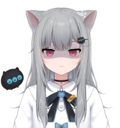 Rule 34 | 1girl, amashiro natsuki, animal ears, black bow, black choker, bow, cat ears, choker, closed mouth, collared shirt, commentary request, eyebrows hidden by hair, grey hair, hair ornament, hairclip, indie virtual youtuber, long hair, looking at viewer, nachoneko, red eyes, shaded face, shirt, simple background, solo, upper body, virtual youtuber, white background, white shirt