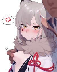 Rule 34 | 1boy, 1girl, absurdres, anger vein, animal ears, azur lane, bad id, bad pixiv id, black kimono, breasts, breasts out, dark-skinned male, dark skin, earrings, embarrassed, facial mark, female focus, fox ears, fur-trimmed kimono, fur collar, fur trim, grey hair, hair between eyes, highres, japanese clothes, jewelry, kimono, looking at viewer, mask, mask on head, medium hair, multicolored clothes, nipple stimulation, nipple tweak, open clothes, open kimono, punpunn, reach-around, red rope, rope, sidelocks, small breasts, solo focus, spoken anger vein, star (symbol), star earrings, suzutsuki (azur lane), sweatdrop, teardrop facial mark, upper body, wavy mouth, white background, white kimono, yellow eyes