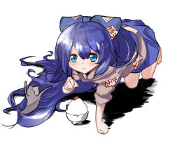 Rule 34 | 1girl, bare legs, barefoot, blue eyes, blue hair, blue skirt, blush, bow, bowl, closed mouth, grey hoodie, hair bow, hellnyaa, hood, hoodie, long hair, rice, rice bowl, short sleeves, simple background, skirt, smile, solo, stuffed animal, stuffed cat, stuffed toy, touhou, white background, yorigami shion