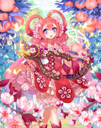Rule 34 | 1girl, assistance maiden lucie, braid, bug, butterfly, cardfight!! vanguard, company name, flower, flower-shaped pupils, food, fruit, hair flower, hair ornament, insect, jewelry, leaf, long hair, necklace, official art, open mouth, peach, pink hair, purple eyes, scissors, solo, spinel (9057), symbol-shaped pupils, teeth