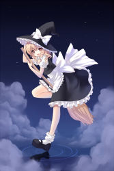 Rule 34 | 1girl, absurdres, apron, blonde hair, bow, braid, broom, brown eyes, female focus, frills, gathers, hand on headwear, hat, highres, kirisame marisa, large bow, mary janes, nana mikoto, night, night sky, open mouth, ripples, shoes, side braid, sky, smile, socks, solo, star (sky), starry sky, touhou, witch, witch hat, yellow eyes