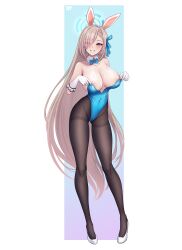 Rule 34 | 1girl, absurdres, adjusting clothes, animal ears, areola slip, asuna (blue archive), asuna (bunny) (blue archive), asymmetrical bangs, bare shoulders, blue archive, blue bow, blue bowtie, blue eyes, blue leotard, bow, bowtie, breasts, cameltoe, cleavage, cleft of venus, collarbone, contrapposto, covered navel, detached collar, elbow gloves, fake animal ears, full body, gloves, grin, hair over one eye, halo, high heels, highleg, highleg leotard, highres, large breasts, leotard, light brown hair, long hair, looking at viewer, mole, mole on breast, official alternate costume, pantyhose, playboy bunny, rabbit ears, shiny skin, simple background, smile, solo, strapless, strapless leotard, thighband pantyhose, toriseru (rare stone), traditional bowtie, very long hair, white footwear, white gloves